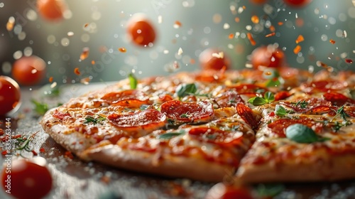 Delicious whole pepperoni pizza garnished with fresh basil and cherry tomatoes, ready to serve
