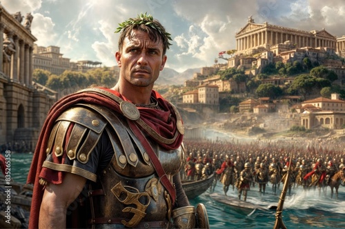 Imperial Glory: A Roman Emperor in Laurel Crown Striking a Regal Pose with the Backdrop of Rome, Its Soldiers, and People, Including Notable Figures like Augustus, Julius, Caesar, Trajan, Nero, etc 
