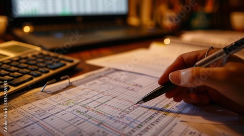 A person is writing on a piece of paper while using a calculator to perform calculations.