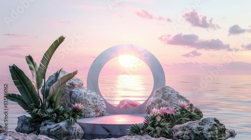 3d product stage, podium, minimalistic, pink pastel sky and ocean background, round shape portal made of rocks with tropical plants flowers, sunrise light