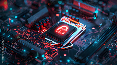 Secure connection or cybersecurity service concept of compute motherboard closeup and safety lock with login and connecting verified credentials as wide banner design