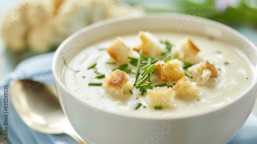 A bowl of creamy cauliflower soup with chives and croutons, set against a bright background with copy space on the left