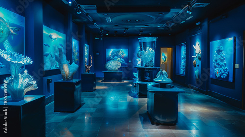 A gallery with an underwater theme, featuring marine-inspired sculptures and blue-hued paintings illuminated by soft lights.