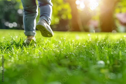 Close-up of a person's legs walking on dewy grass in the sunlight, focusing on connection with nature