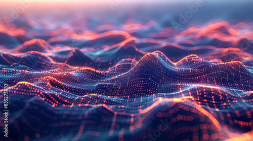 A vast, undulating digital terrain, seen from a distance, with sharp peaks and valleys illuminated by a grid of glowing, digital lines. 
