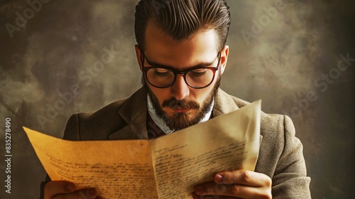 Man with glasses reading an old handwritten letter, dressed in vintage clothing, with a focused expression and a dark, moody background.