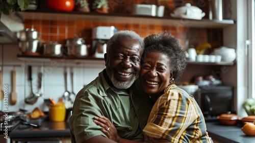 Happy elderly couple embracing and laughing in a cozy kitchen. Pots, pans, and kitchen utensils are visible in the background.