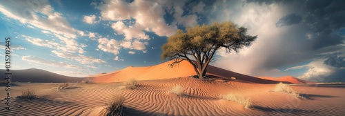 a lone olive tree in desert with sand dunes, beautiful landscape