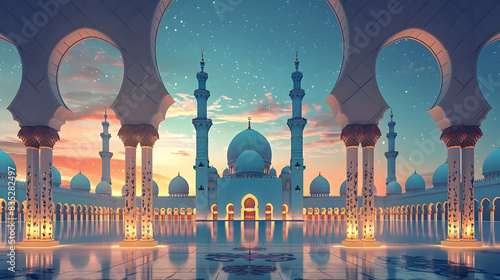 Islamic greeting Eid ul adha Ramadan Kareem and Eid Mubarak background with lanterns , lamps and lights