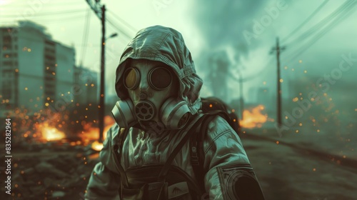Person in protective gear and gas mask standing in a post-apocalyptic urban landscape with fires and smoke.