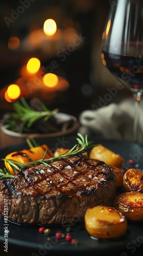 Closeup of a delicious steak meal with a glass of wine, restaurant setting, evening ambiance, AIgenerated