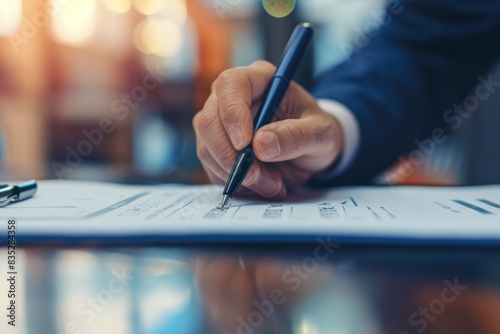 Close-up of a businessman's hand signing a contract with a pen over official documents, indicating a formal agreement
