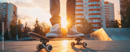 skateboarder's legs as they cruise down an urban street