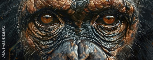 Macro shot of an orangutan's face, emphasizing texture, detail, and emotion.