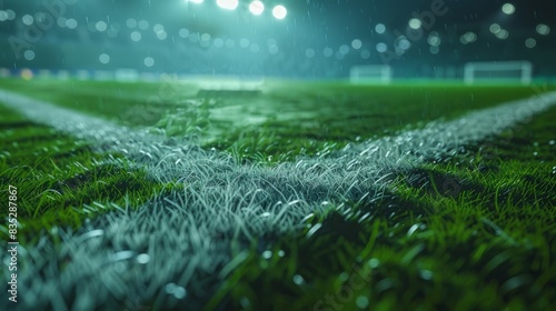 Close up soccer field lines. Background soccer pitch grass football stadium ground view. Grass macro in sports arena. with lights background