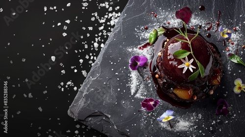 Gourmet foie gras dish with a rich red wine reduction and caramelized pear, garnished with edible flowers and a sprinkle of sea salt, served on a sleek black slate AI GENERATIVE