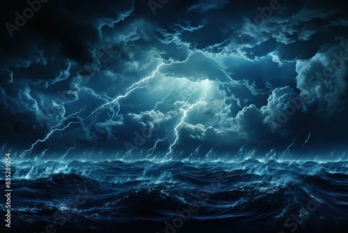 Dark, stormy sky over a churning sea with lightning strikes