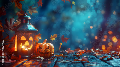 Halloween background with lantern and pumpkin on wooden table, autumn leaves decoration. Halloween concept