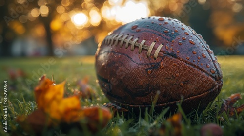 American football ball on grass field in nature park with sunlight, nobody, nostalgia childhood memory