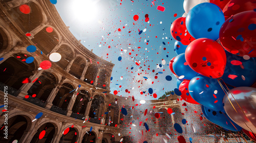 Patriotic celebration with balloons on the top right corner, red, white, and blue confetti, in a grand outdoor amphitheater
