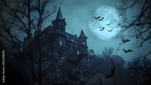 Dark fantasy, medieval castle at night with bats flying around, mysterious and eerie atmosphere. Halloween concept