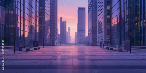 Quiet Urban Street at Sunset with Reflective Glass Buildings - Generative AI