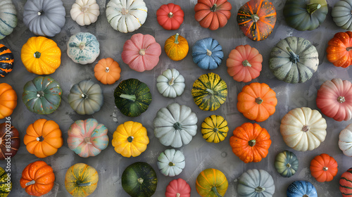 Colorful pumpkins pattern, with gray concrete background, top view