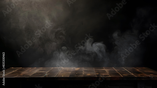 Dark background with wood table and smoke, spot light from top left corner, for product display