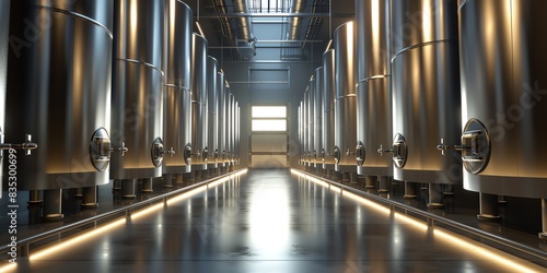 The long room with metal barrels for wine storage.