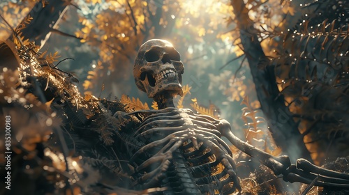 The skeleton of a long-dead giant lies in the middle of a lush forest, its bones overgrown with moss and vines.