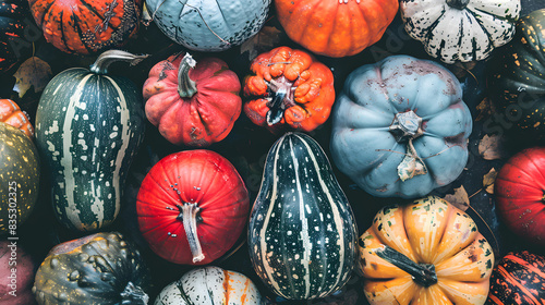 Colorful autumn background of pumpkins and gourds, top view. Flat lay