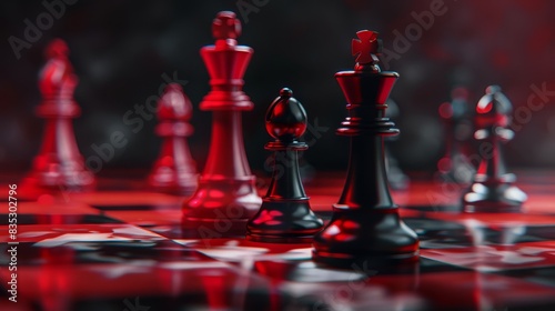 Black controlled risk plan with red solution, strategic 3D visualization with chess pieces. Ideal for themes of business strategy and risk control