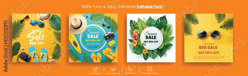 set of editable Instagram post and web banner template for Summer sale discount advertisement bundle with summer tropical background