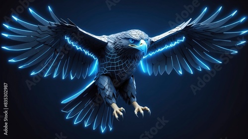 High-tech eagle illustration in a digital polygon wireframe design, with blue glowing lines and points