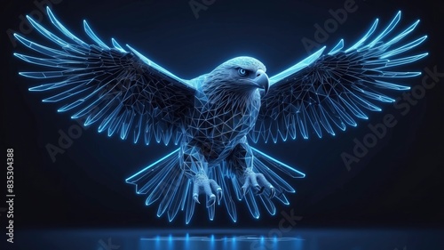 Polygonal wireframe eagle illustration made of blue glowing lines and points, with a high-tech digital feel