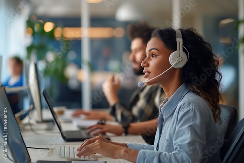 Customer service rep at busy office desk