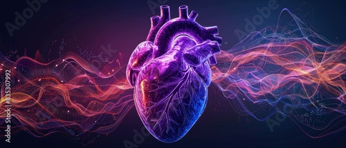 Modern Health and Health Technology Concept: Human heart shape with blue purple cardio pulse line