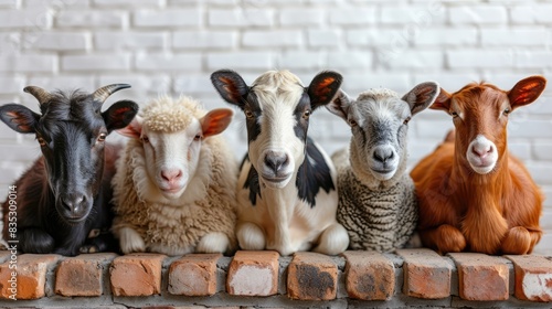 Five goats sitting on a brick wall in unison