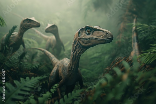 In the primeval forest, a fearsome dinosaur model reigns, embodying the ancient predator of prehistoric times.