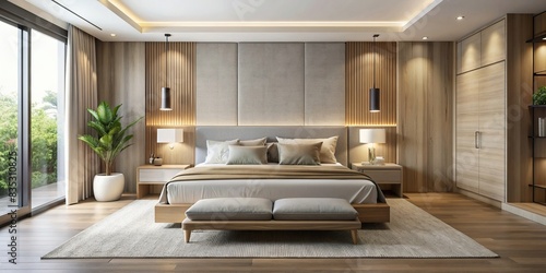 Contemporary bedroom with platform bed, clean lines, minimalist decor, neutral colors for serene sleeping environment, bedroom, platform bed, contemporary, clean lines