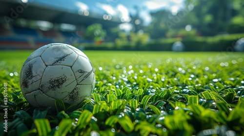 soccer ball on grass field outdoor sunny day, local sport theme with nobody