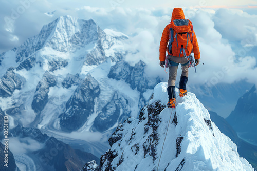 A mountaineer reaching the summit of a challenging peak. Concept of achievement and adventure sports. Generative Ai.