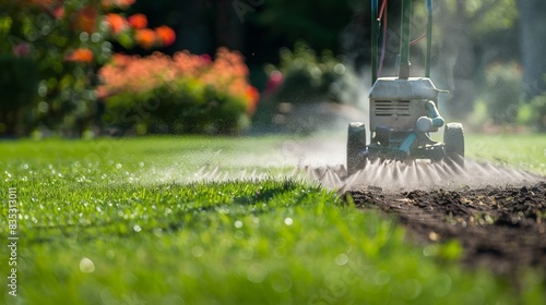 Lawn aeration with a gasoline-powered aerator machine.