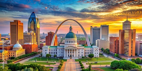 of Saint Louis city skyline with iconic architecture and landmarks , Saint Louis,cityscape, skyline,architecture, landmarks, Gateway Arch, Missouri, urban, buildings, skyline, city, skyline