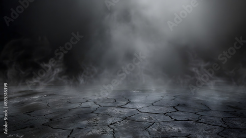 Abstract black background with fog and cracked floor, dark abstract wallpaper for product presentation