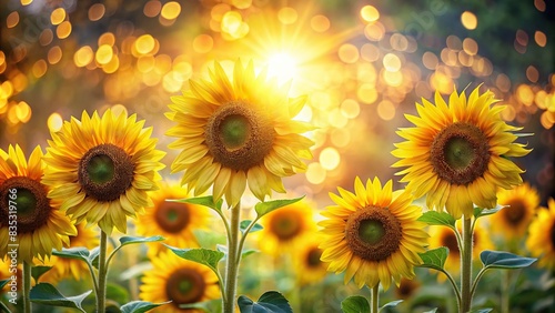 Sunflowers bathed in sunlight with bokeh background, perfect for summer solstice and midsummer holiday concepts, showcasing nature's floral beauty, sunflowers, sunlight, bokeh