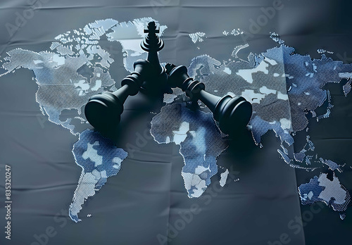 Geopolitics concept image with two chess pieces on a world map representing geopolitical discussion and movement between countries and continents