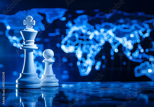 Geopolitics concept image with two chess pieces on a world map representing geopolitical discussion and movement between countries and continents