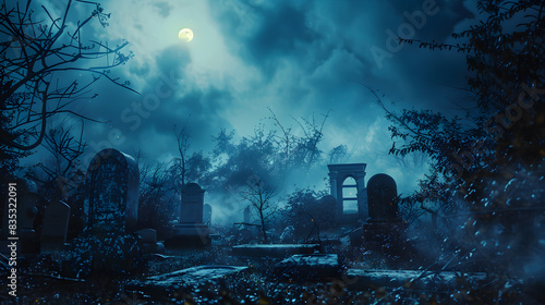 A spooky graveyard at night with tombstones, fog and ominous moonlight. Scary halloween background