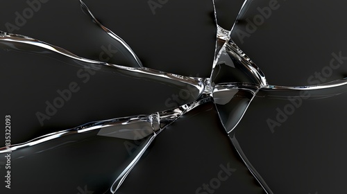 Broken glass on a dark background. After the impact, the glass surface has cracks diverging from the point of impact or bullet hit. The concept of destruction, vulnerability and fragility of existence